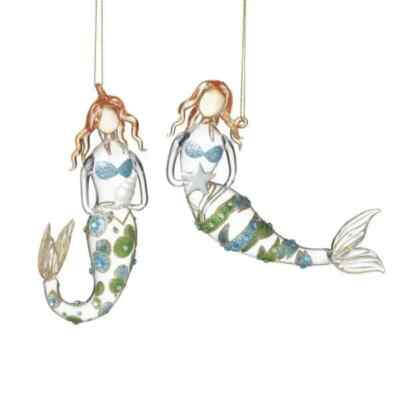 Lot of 2 Assorted Demdaco Glass Mermaid Ornaments by Silvestri Nautical, Lot A
