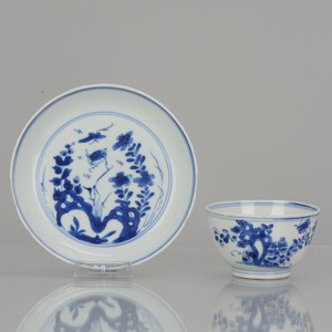 Antique Kangxi Period Blue and white Tea Bowl flower Marked Chinese China Por...