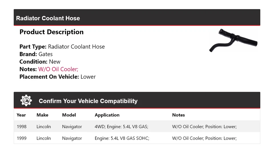 Manguera de refrigerante de radiador para Lincoln Navigator 1998-1999 puertas inferiores Foto 2 de 4
