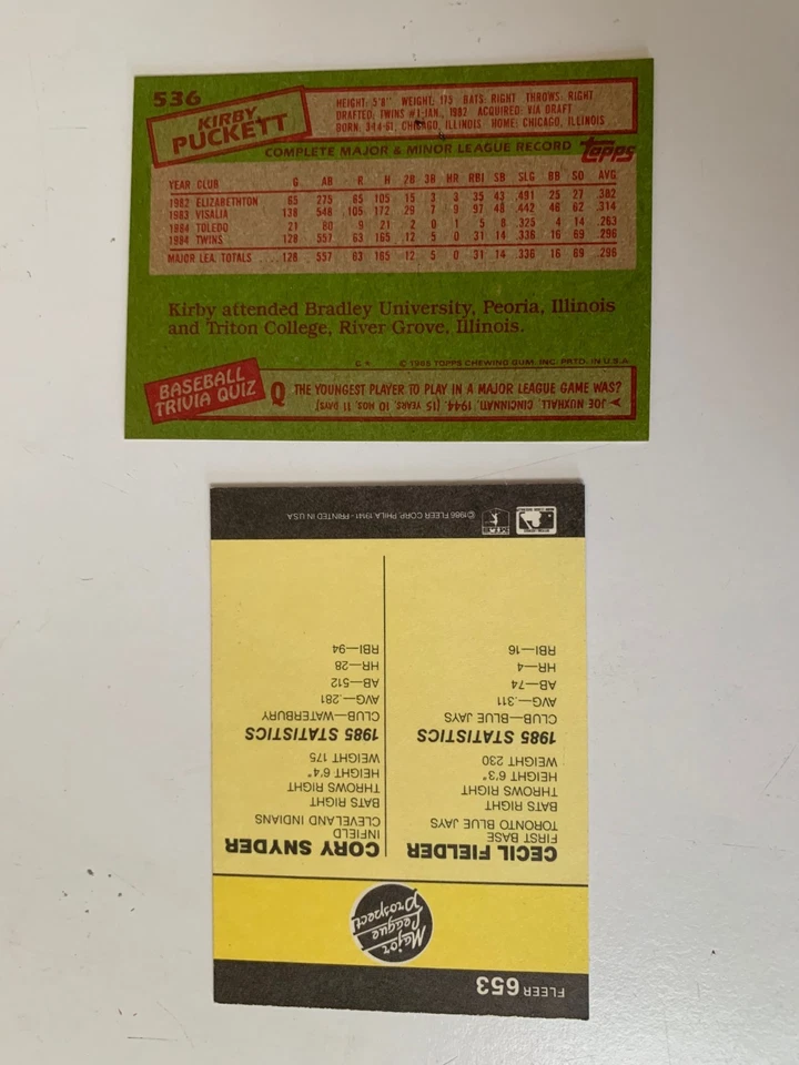 Tarjetas de novato 1985 Topps Kirby Puckett, 1985 Fleer Cecil Fielder/Cory Snyder Foto 2 de 2