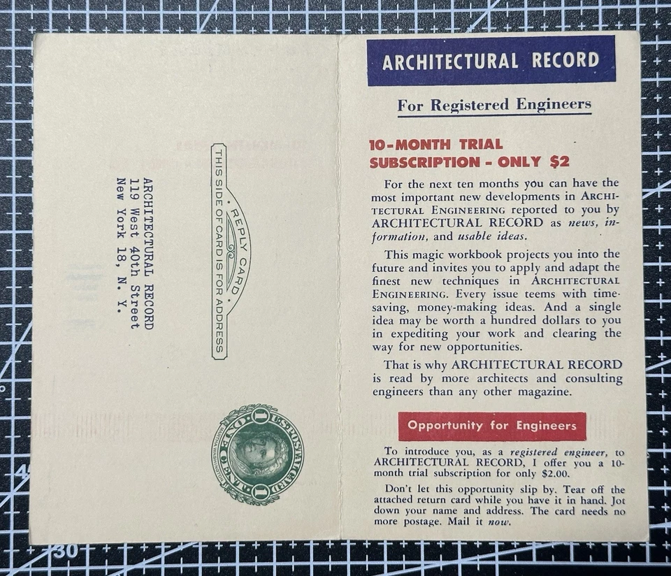 USA 1951 1¢ Washington Double Reply Card Used w/ Architecture Ad - Image 2 of 3