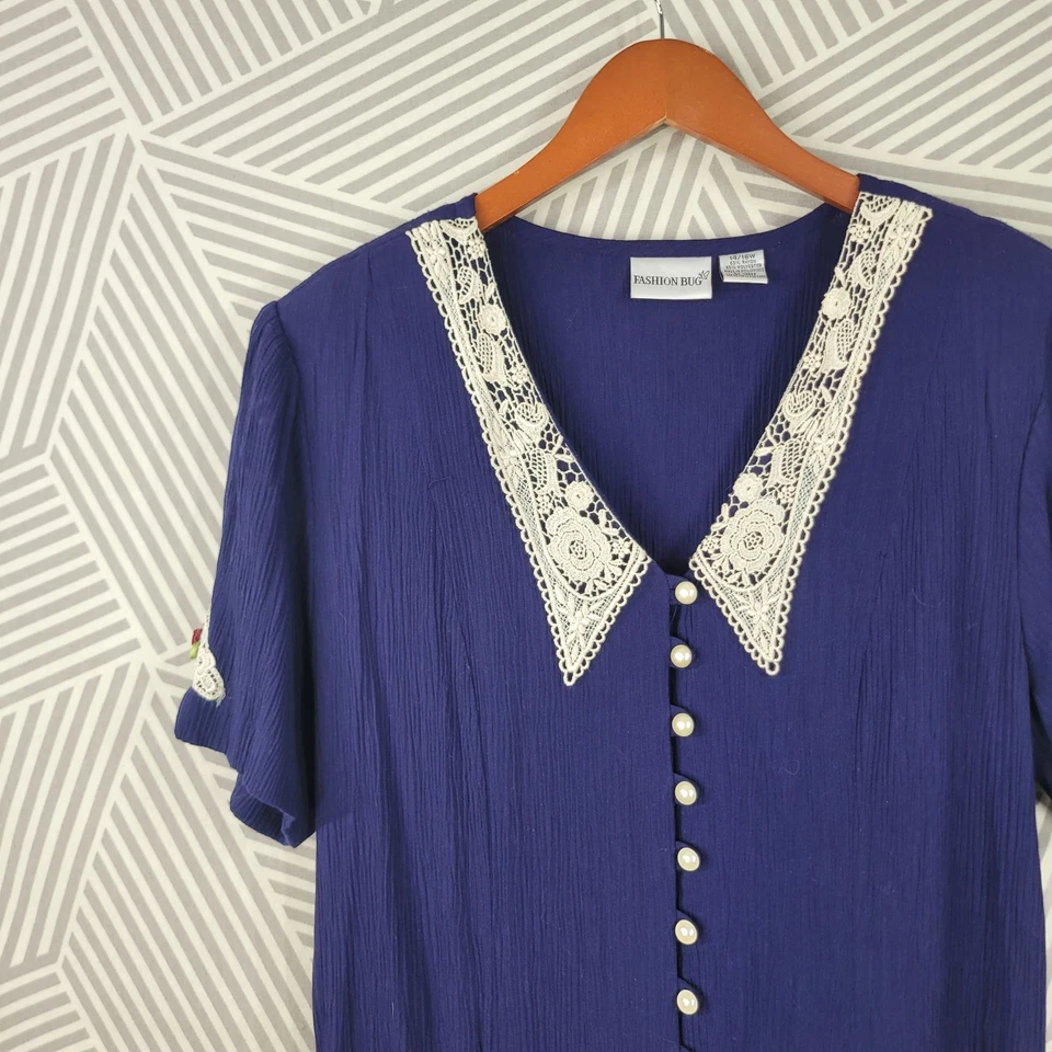 Vestido camisero vintage años 80 14/16 XL midi grunge con cordones cuello trasero azul marino antiguo Foto 3 de 4