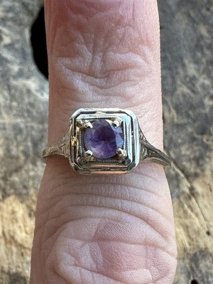 Antique Art Déco 14k Weiß Gold Filigran Amethyst Ring Größe 6.25