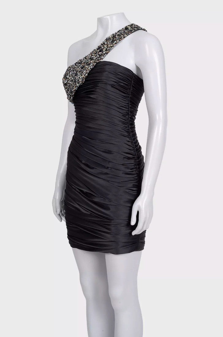 Vintage Black Satin Mandalay Dress with Asymmetrical  Shoulder Size 10 image 3