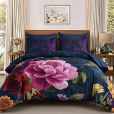Blue Comforter Set Queen Size Floral, 7 Pieces Bed in a Bag Set, Pink and Purple