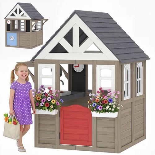 Qaba Outdoor Wooden Kids Playhouse Cottage Flower Box Cookware, Gray