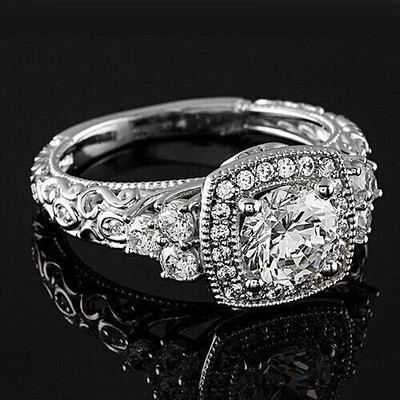 Cushion Style 1.65 Ct Round Lab Created Diamond Women Ring 14k White Gold Plated