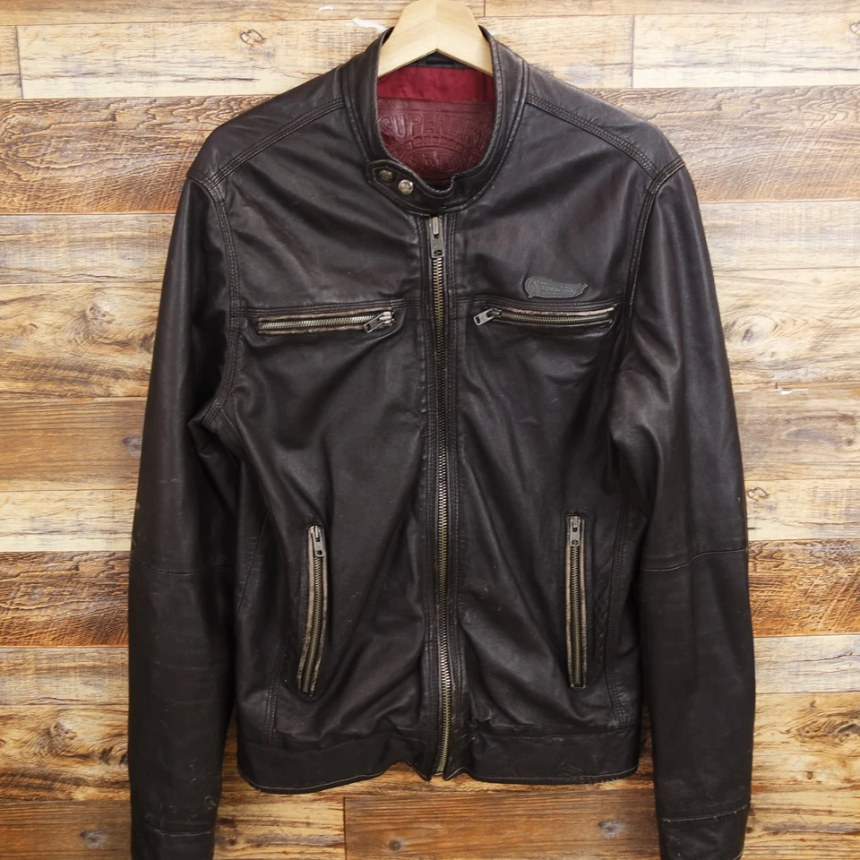 Superdry Chaqueta De Cuero Talla M Hombre Cremallera Completa Marrón Foto 2 de 4