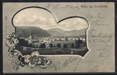 Schopfheim, Ortsansicht im Passepartout mit Kleeblättern, Ansichtskarte 1903 