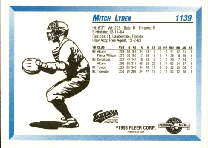 1993 Edmonton Trappers Fleer/ProCards #1139 Mitch Lyden Fort Lauderdale Florida - Image 2 of 2