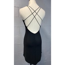Vintage 90s Little Black Dress Strappy Open Back Rib Knit Bodycon Small Spandex
