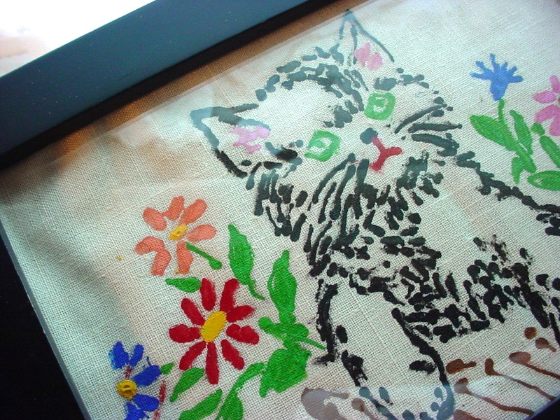 Vintage Crabby Cat Picture Hand Painted In Shabby Frame JN113126
