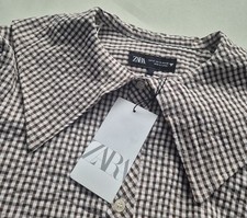 BNWT Zara Brown Gingham Seersucker Blouse Size Medium - READ DESC (Small Mark)