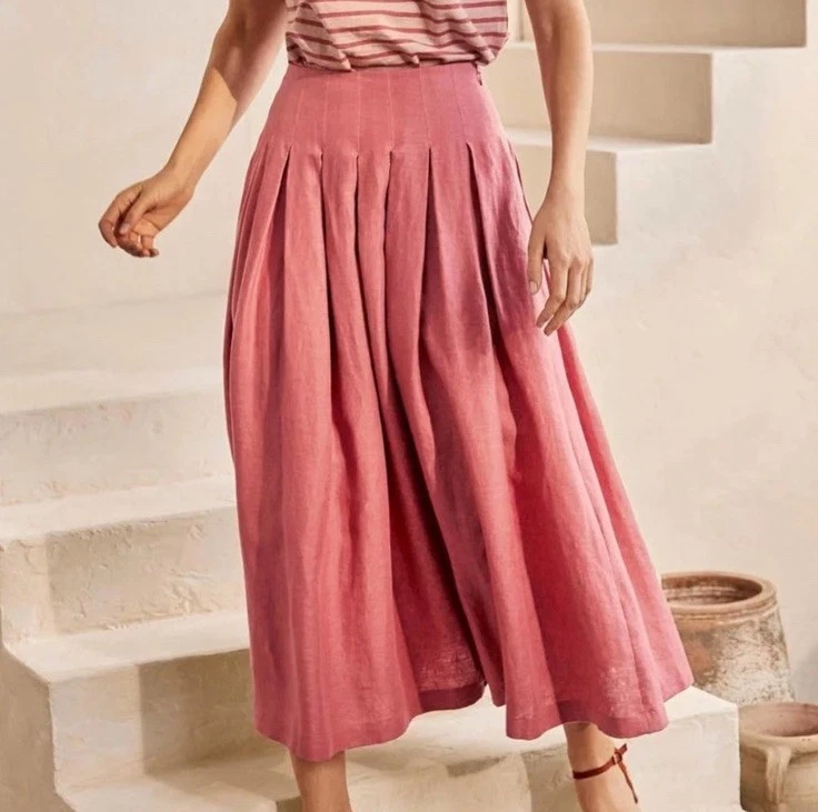 Boden Lydia Skirt 100% Linen Skirt Pink Full Pleated Maxi Size US 10 Petite