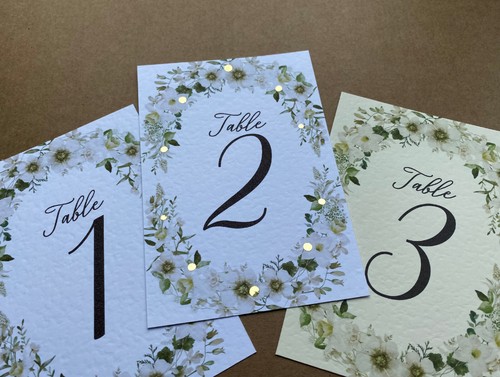 Forest greenery, white flowers wreath TABLE NUMBERS cards wedding green foliage - Picture 4 of 9
