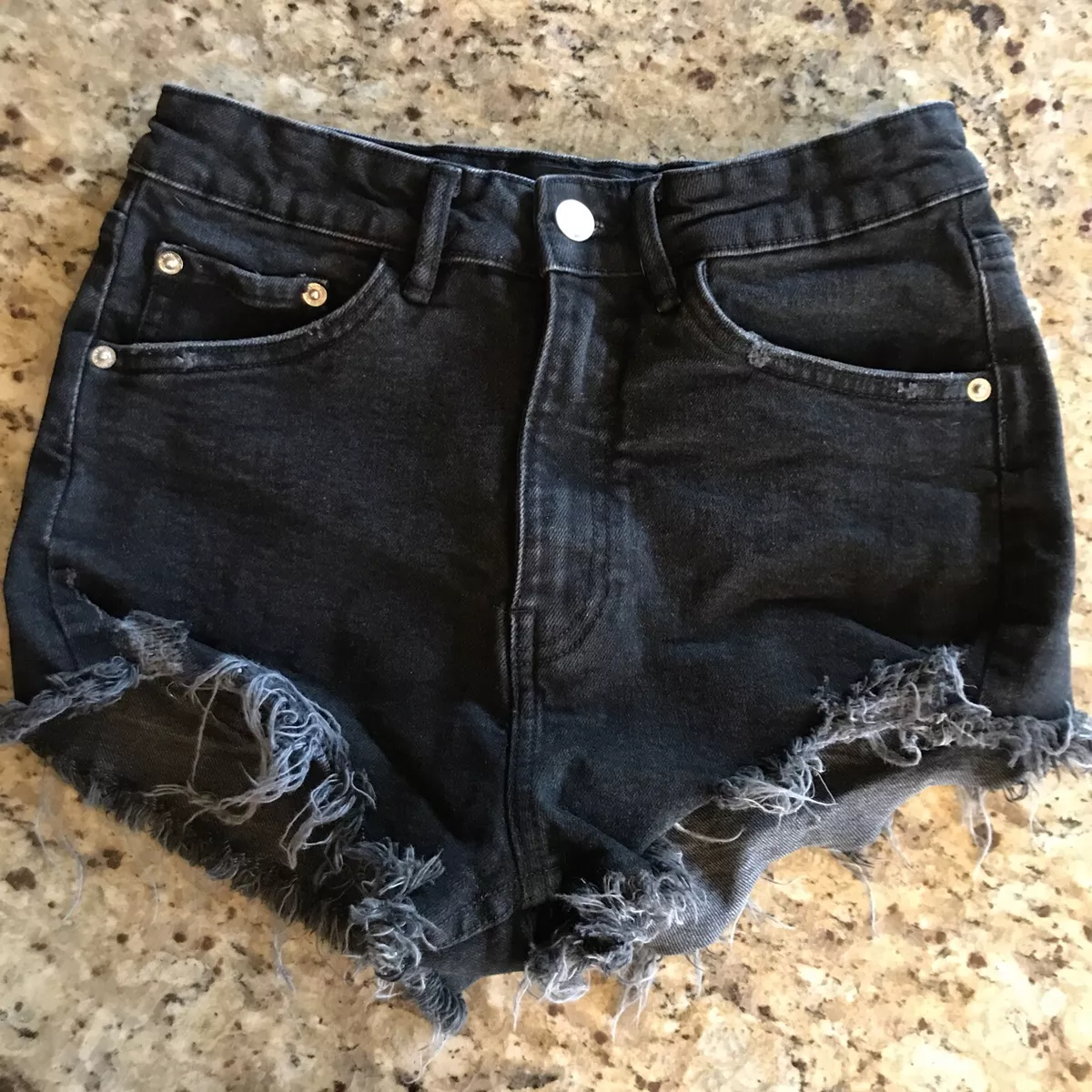 Zara high waisted stretch black distroyed jean shorts size 4 Denim Short  Zip Up