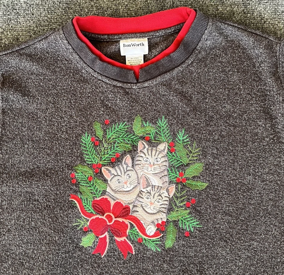 Sudadera Bon Worth Grandmacore Gris Navidad Gatos Bordada Cuello Redondo Foto 3 de 4