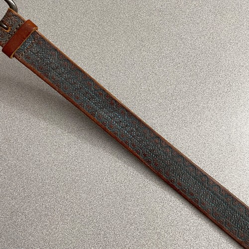 Orciani Brown Leather Belt Mens Size 100 Engraved Embossed Blue Made in Italy - Picture 3 of 10