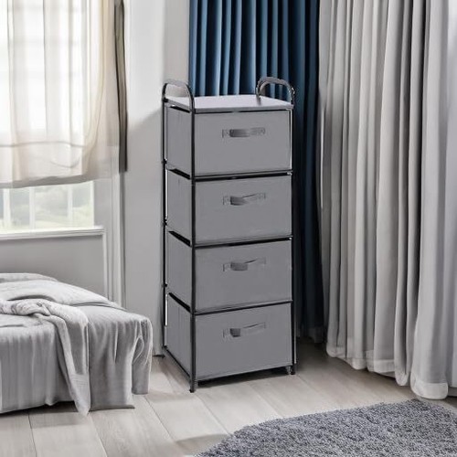 4 Drawer Fabric Dresser Tall Storage Tower, Dresser Chest with Wood Top, Grey3 - Picture 6 of 6