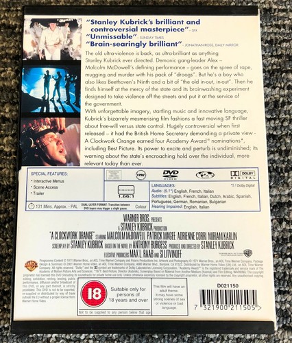 Stanley Kubrick's A Clockwork Orange DVD REGION 2 DISC Snapcase Malcolm McDowell - Picture 2 of 3
