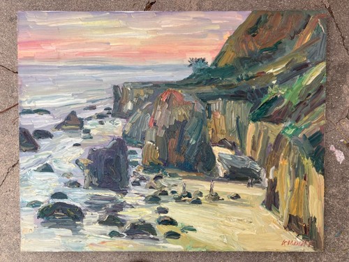 Matador Beach Malibu Plein air Impressionismo John Kilduff 22x28 - Foto 2 di 2