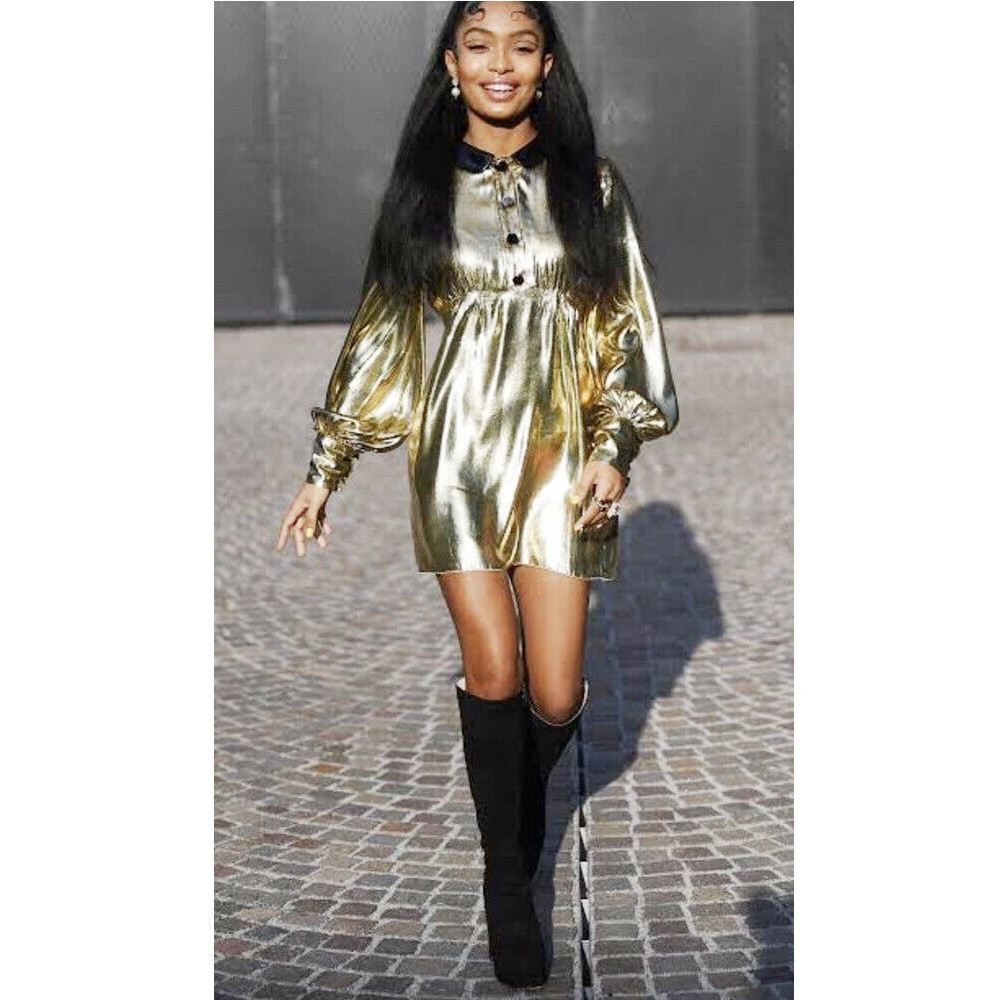 GUCCI 627432 Z8AKU Gold Laminated Lamé Mini Dress Detach Peter Pan Collar  it44 L | eBay