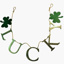 Lucky St Patricks Day Garland 38 In Green Glitter Shamrocks Luck of Irish