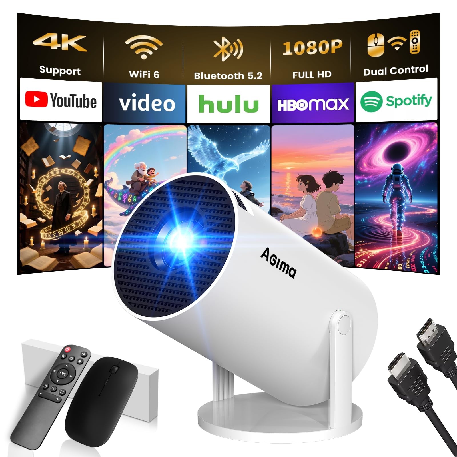 Mini Proiettore Portatile 4K Full HD 1080P – 20.000 Lumen, Android 11, Wi-Fi 6, Bluetooth 5.0, Rotazione 180°, Speaker Hi-Fi