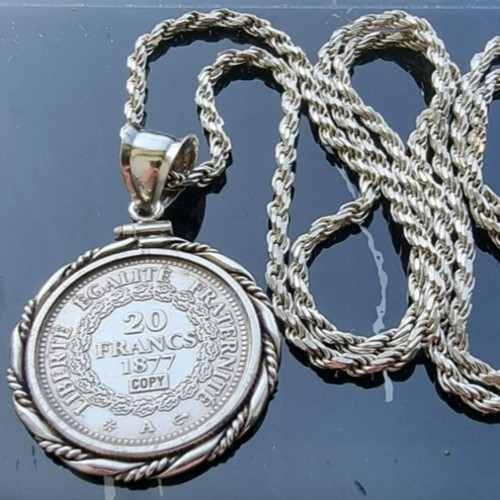 925 STERLING SILVER REPUBLIQUE FRANCIASE 20 FRANCS 1877 REPLICA COIN NECKLACE AT