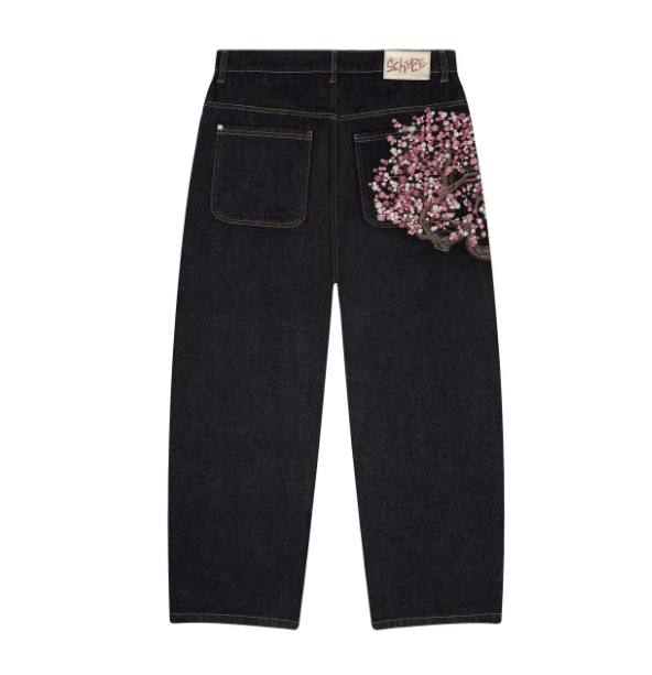 Derschutze Patchwork Cherry Blossom Embroidery Denim Pants Vintage