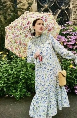 ZARA WHITE GREEN FLORAL PUFF SLEEVE VOLUMINOUS TIERED MAXI DRESS SIZE M L 12 14