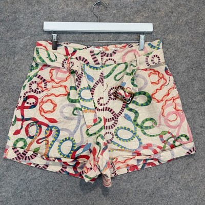 Rachel Antonoff Timmy Snake Print Linen Shorts Women 8 Colorful Belted High Rise