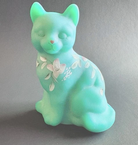 Fenton Sage Mist Satin glass cat figurine with hand-painted floral designs.