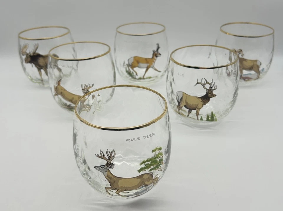 SET OF 6 Wild life BARWARE with gold rim Moose white tailed deer and more - Image 4 of 4