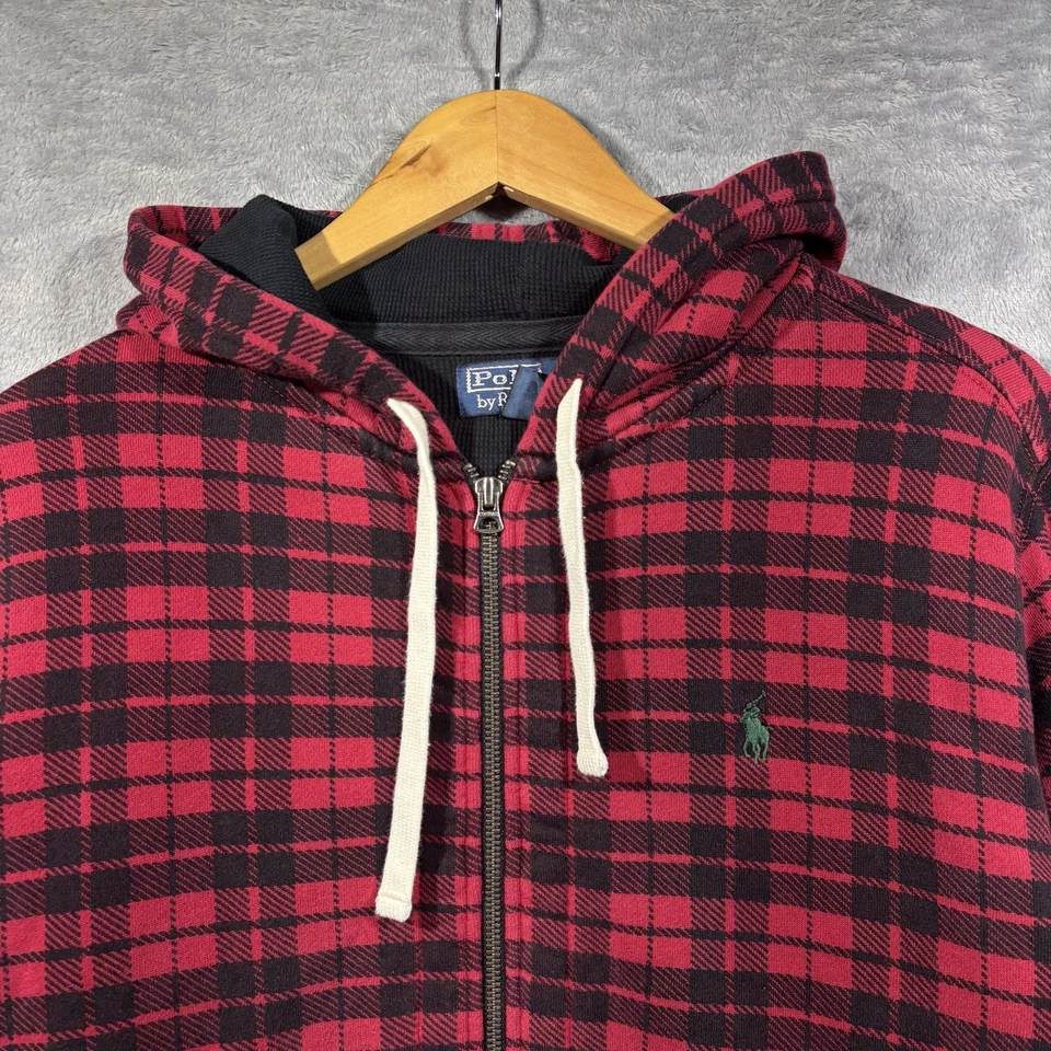 VTG 90s Polo Ralph Lauren Hoodie Men M Red Black Plaid Waffle Thermal Jacket Zip - Image 3 of 4