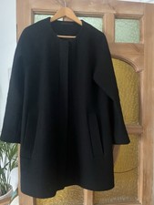 COS Black 100 % Wool Knee Length Collarless Black Zip Up Coat 12/14