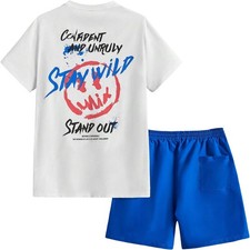 Floerns Men's 2 Piece Tracksuit Slogan Print Tee Shirt Small, Blue and White