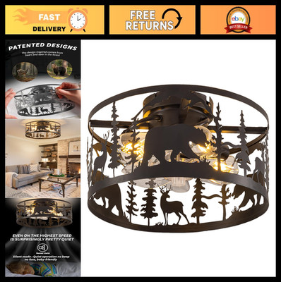 Rustic Farmhouse Caged Ceiling Fan with Lights & Remote Control, Low Profile Fan