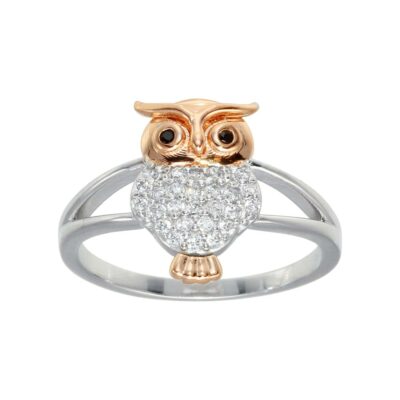 Sterling Silver Two Tone Owl CZ Stones Ladies Ring