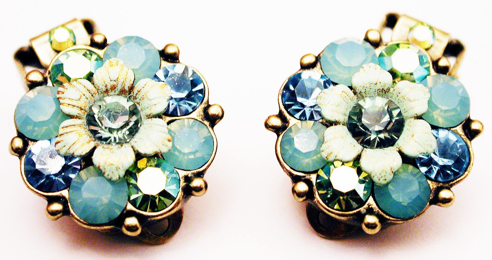 Michal Negrin Green Aqua Floral Crystals Flower Shaped Clip On Earrings Michal Negrin Green Aqua Floral Crystals Flower Shaped Clip On Earrings