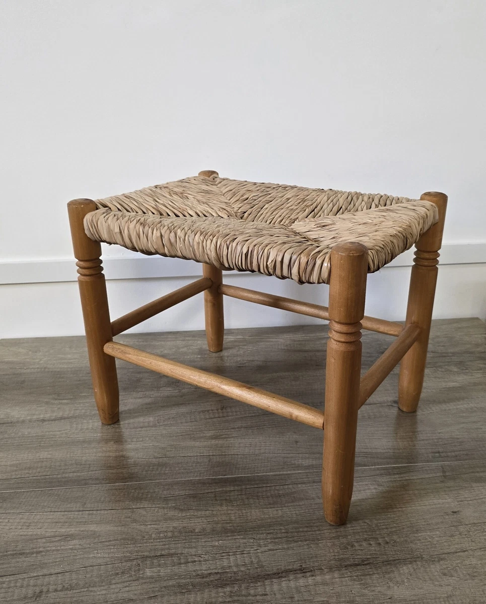 Vintage Wooden Foot Stool Woven Straw Seat Plant Stand