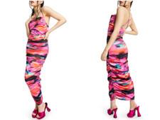 ASOS DESIGN Abstract Print Ruched Satin Bodycon Midi Dress 0 XS 4UK 32 Nordstrom