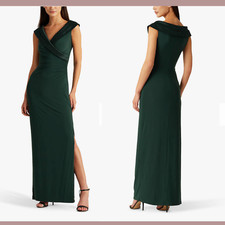 NWT Lauren Ralph Lauren  16  Leonetta Satin V-Neck Jersey Gown in Green G973