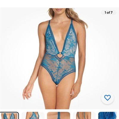 Free People No Trace Turquoise Blue Sheer Lace V Neck Bodysuit NWT Women's XS