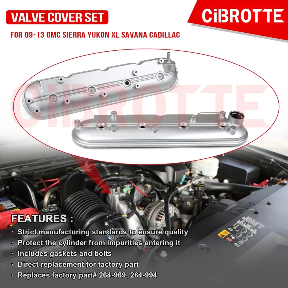 LH & RH Valve Cover Set w/ Gasket for 09-13 GMC Sierra Yukon XL Savana Cadillac - Image 2 of 4