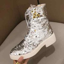 Women Ankle Boots Sequined Glitter Square Heels Short Booties Side Zip Shoes