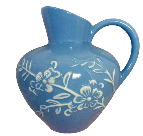 STANGL POTTERY Pitcher Vase *APPLIQUE* Blue with white raised flowers #4060