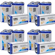 EBL 9V Rechargeable Lithium Batteries 9 Volt Battery 600mAh 9V Battery LOT
