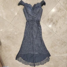 NWT Miao Duo Sz S Gray Gown Dress Lace Off shoulder high low Formal Wedding