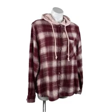Time and Tru Burgundy & Pink Plaid Flannel Button Up Hoodie Shirt Women’s XL